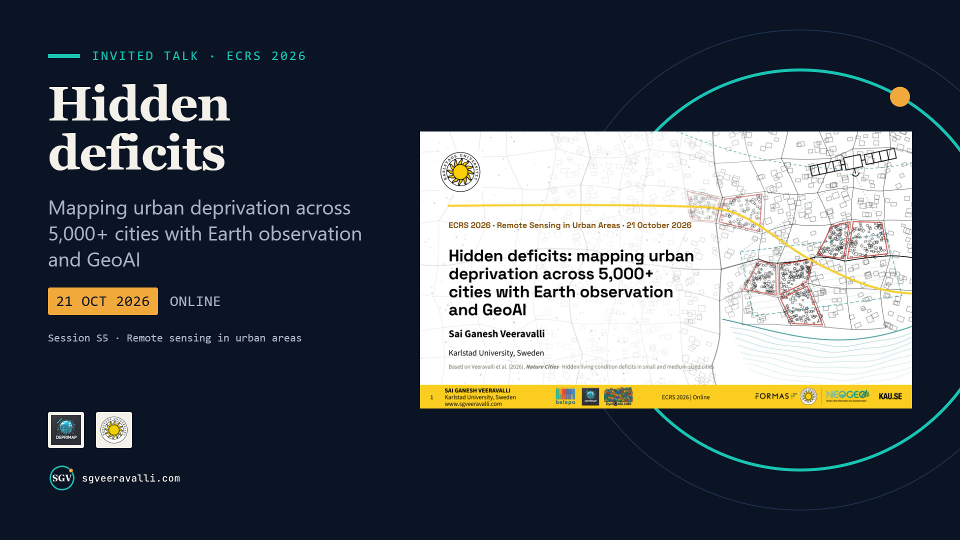 Invited talk at ECRS 2026: Hidden deficits, mapping urban deprivation across 5,000+ cities with Earth observation and GeoAI, 21 October 2026, online